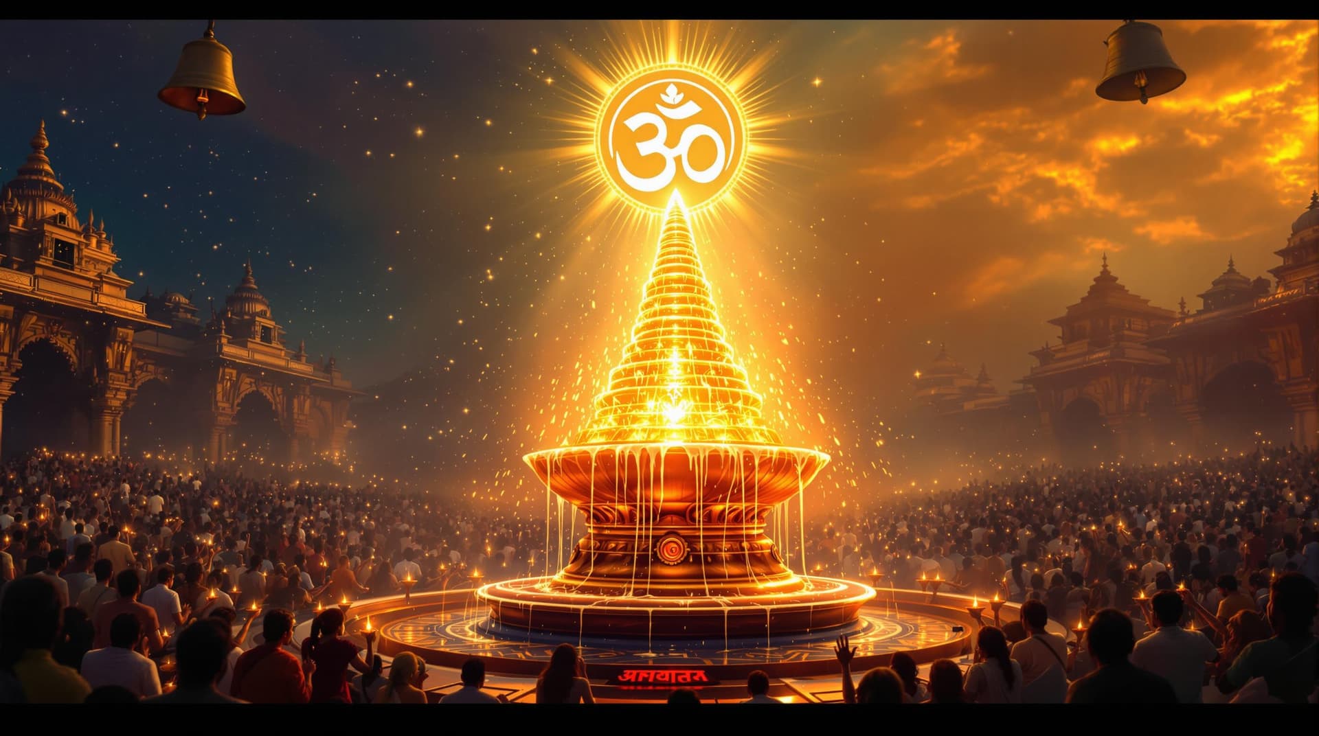 AI generated: "A divine Shivling placed in the center, glowing with golden spiritual energy, with holy water (jala...