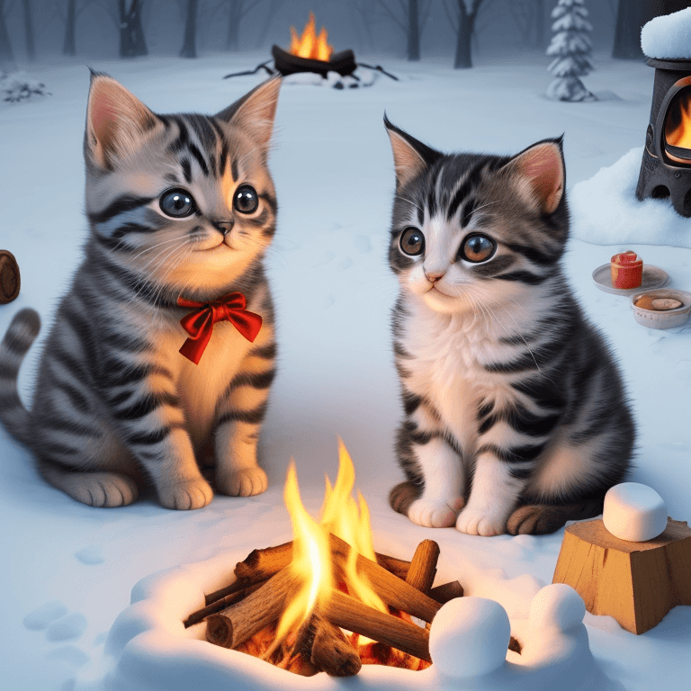 AI generated: A cute kitten and a small puppy with big, adorable eyes, sitting together by a campfire in the snow,...