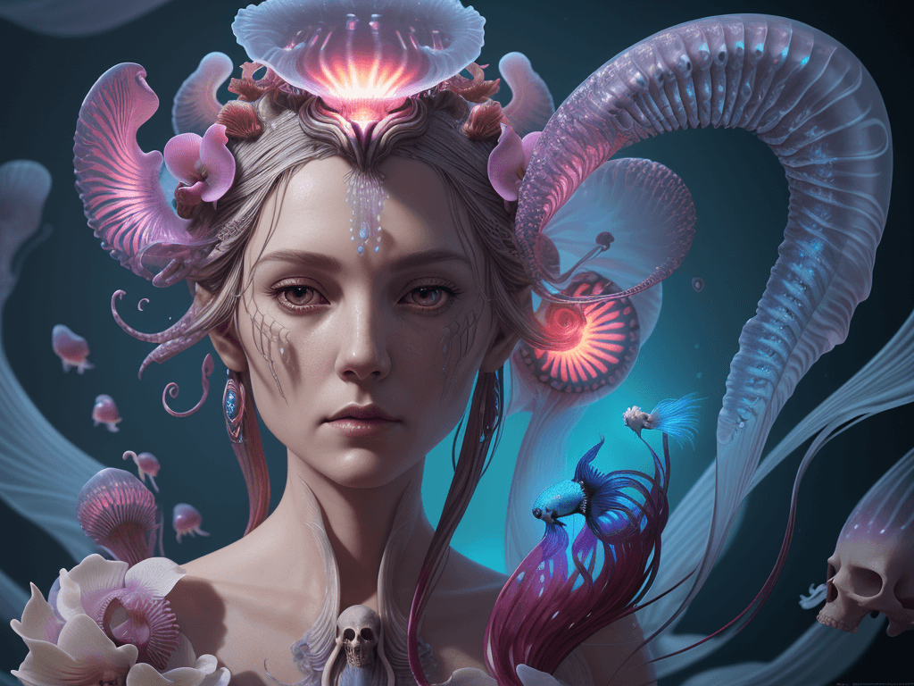 AI generated: Goddess close-up portrait ribcagel. jellyfish phoenix head, nautilus, orchid, skull, betta fish, bio...