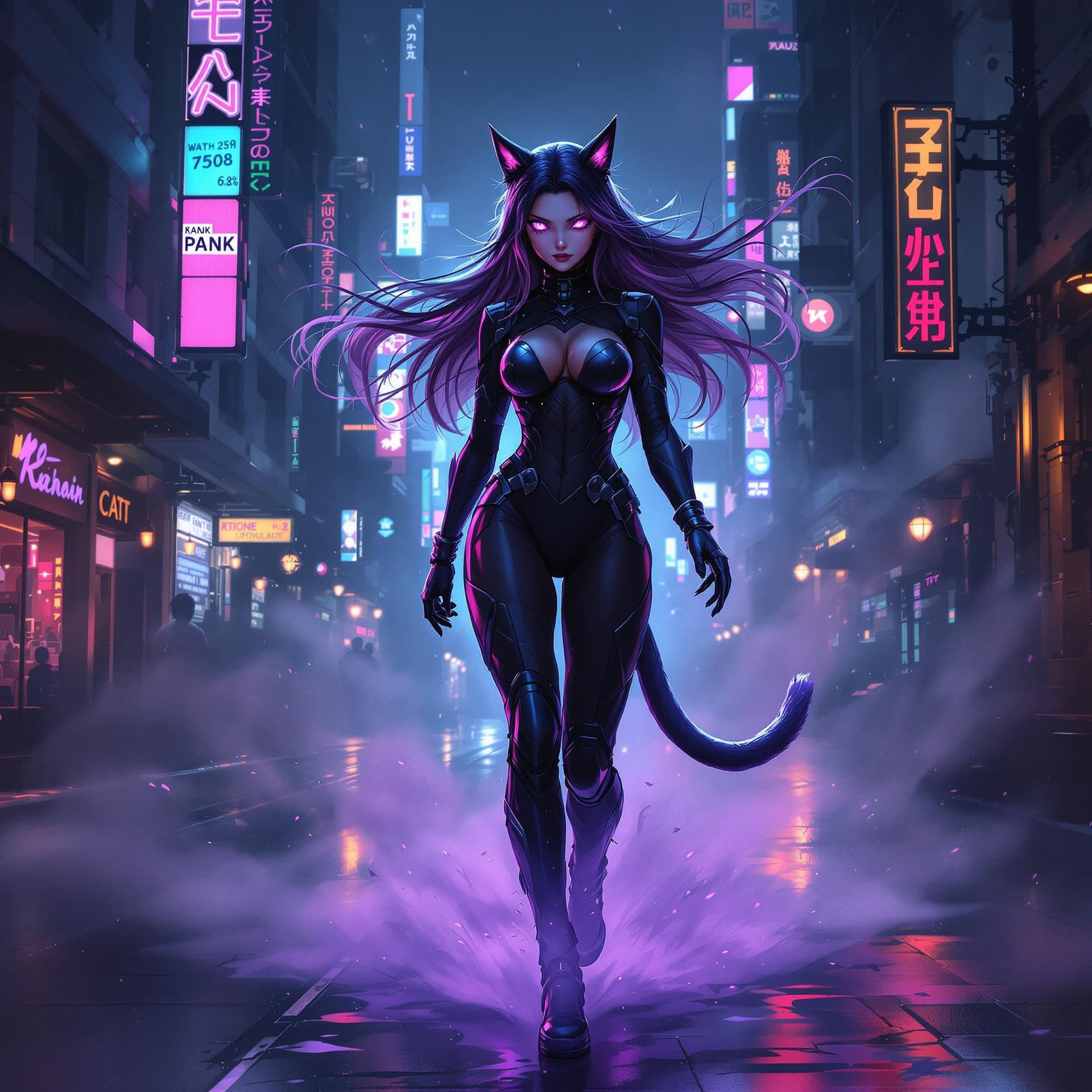 AI generated: A digital drawing of a female cat girl, human female face, perfect features, athletic body, cat girl...