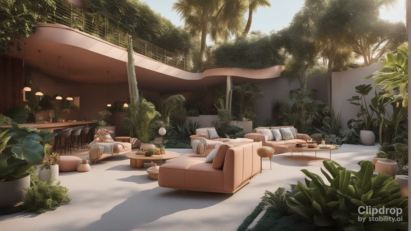AI generated: high resolution photography landscape design, absolutely open space snack-bar and blended with the g...