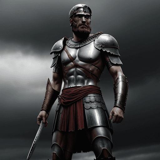 AI generated: Leonidas 1 the king of Sparta, a great warrior, stands after the battle, looking into the distance, ...