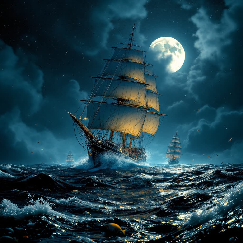 AI generated: Photo of an ultra-realistic sailing yacht the EOS, in dramatic moon light, stars across the sky, hea...