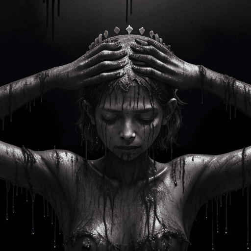 AI generated:  A woman with a black crown of mud, with black hands stretching from it. Black muck drips on her sho...