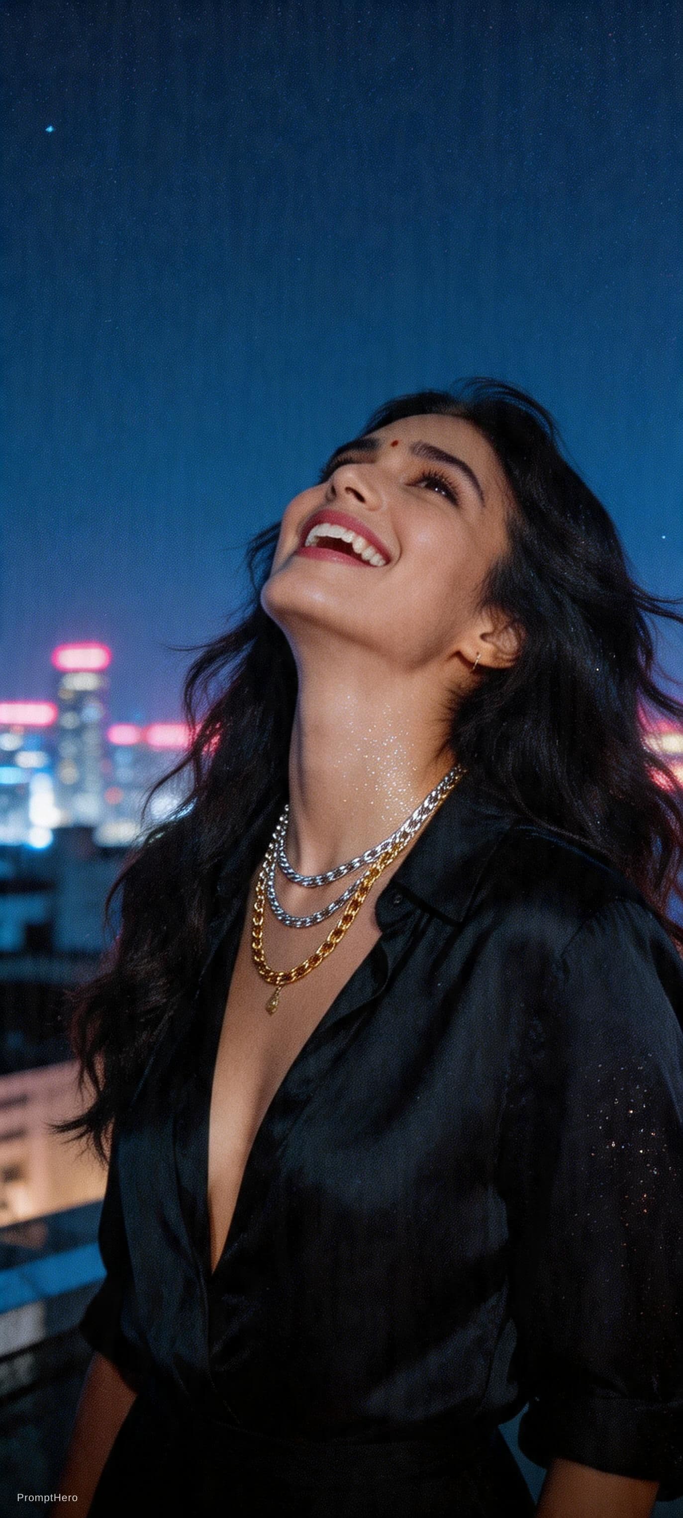 AI generated: grainy, high-ISO rooftop documentary scene captures a tall, statuesque woman with long, dark, wind-t...
