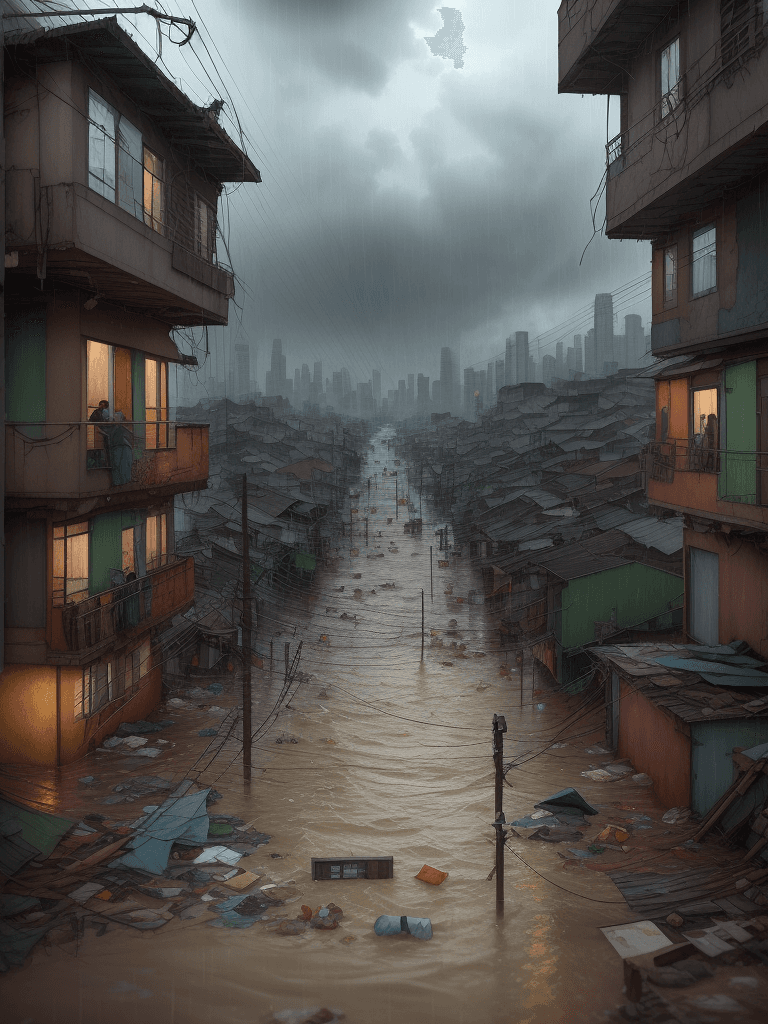 AI generated: Observe through the  window ,  storm and flooding of a slum corner,flood,
rain,
litter,
sparse build...