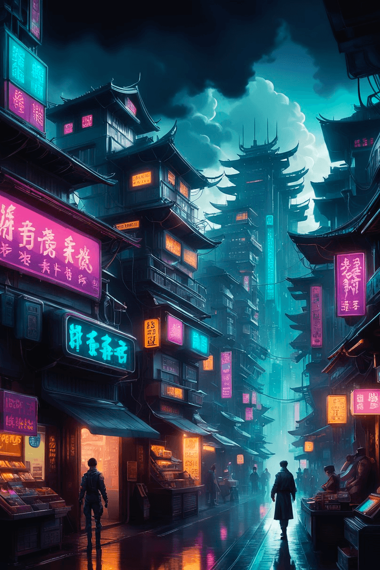 AI generated: cyberpunk cityscape, colorful buildings, street view with people , vendors and shops, busy street co...