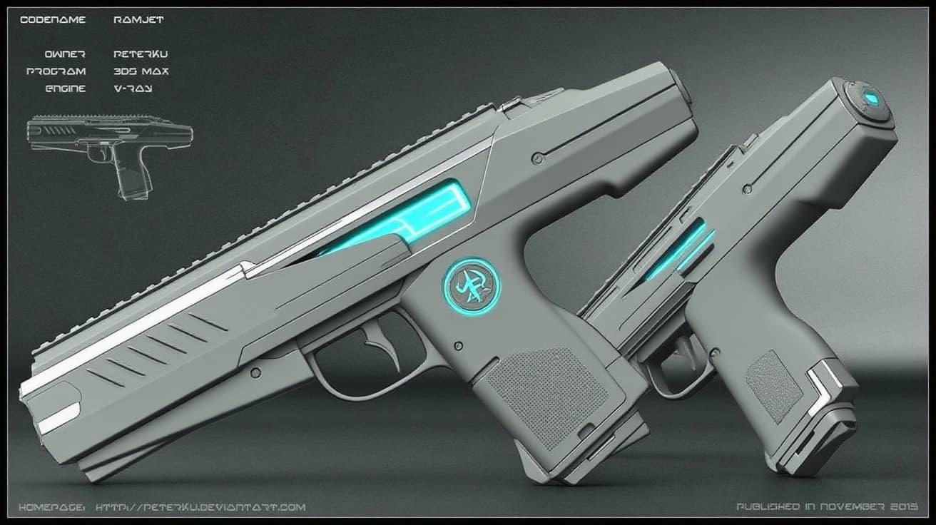 AI generated: Using the image as a reference only, design a chunky, clearly fictional alien space weapon for Our’W...