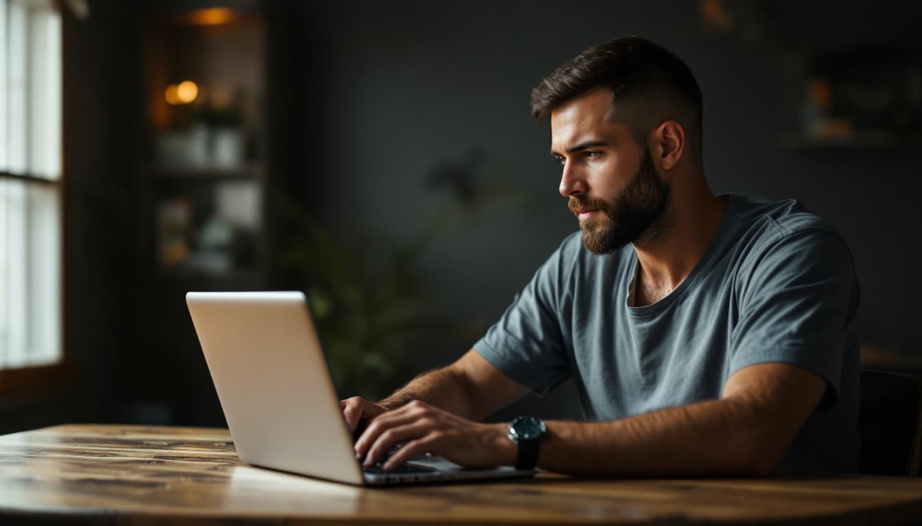 AI generated: Photo of a ultra realistic a man is alone with laptop he has t-shirt with picture eagle