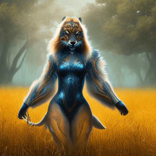 AI generated: afox tiger girl walking through a field, in the style of ethereal trees, dark yellow and azure, maje...