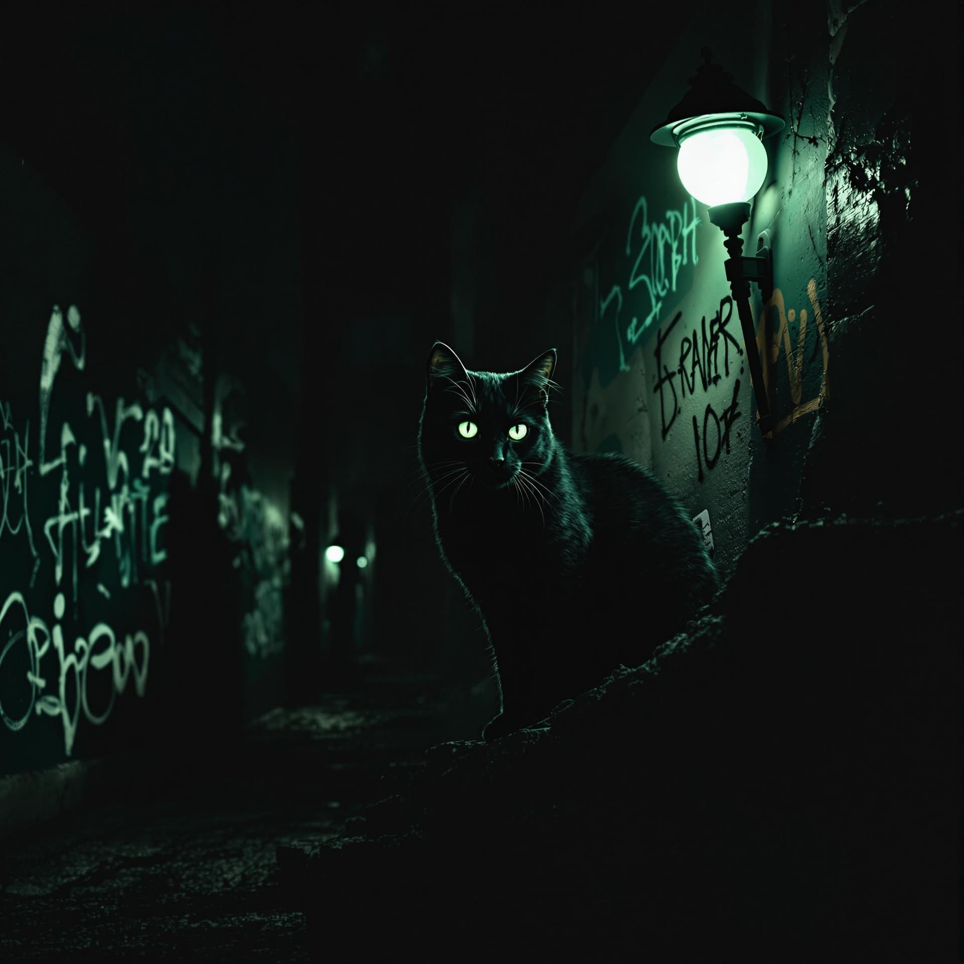 AI generated: "A black cat sitting on a graffiti-covered wall at night, illuminated by a round street lamp. The sc...