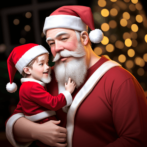 AI generated: a father and his son disguised as Santa, immersed in the Christmas spirit. The setting includes a ra...