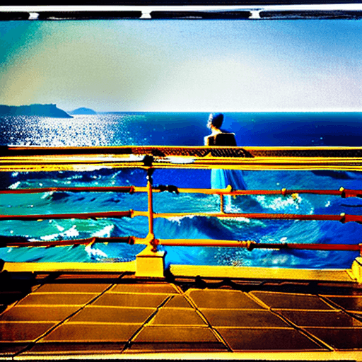 AI generated: Generate an image of a blonde woman in the foreground, standing on a balcony adorned with intricate ...