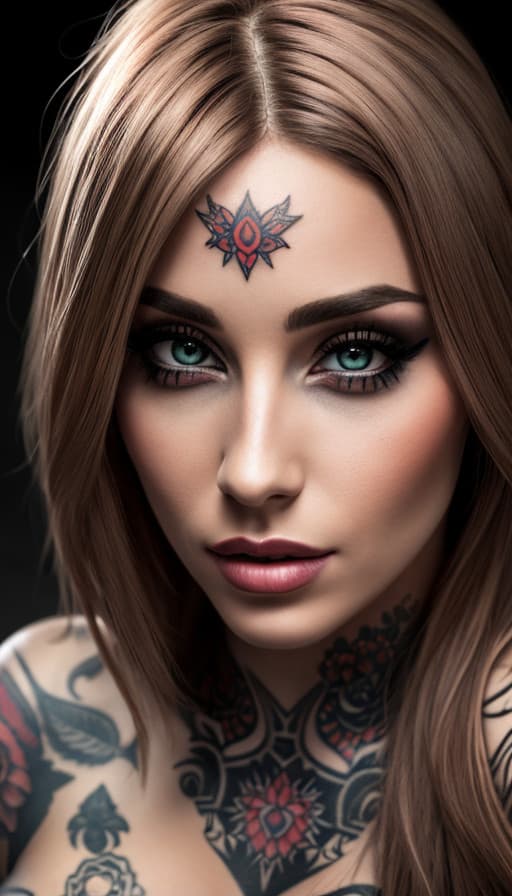 AI generated: Tattooed Female Portrait, Turquoise Eyes, Visible Flower Tattoos, Digital Photography, Raw format, 8...