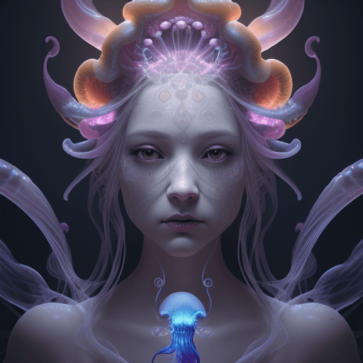 AI generated: Goddess close-up portrait ribcagel. jellyfish phoenix head, nautilus, orchid, skull, betta fish, bio...