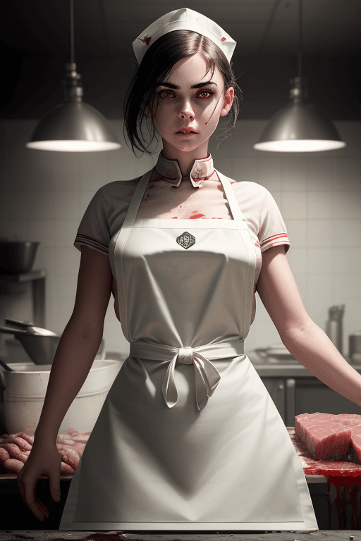 AI generated: RAW photo, low key, cinematic composition, Butcher Girl, beautiful girl, rim light, blood (white lat...