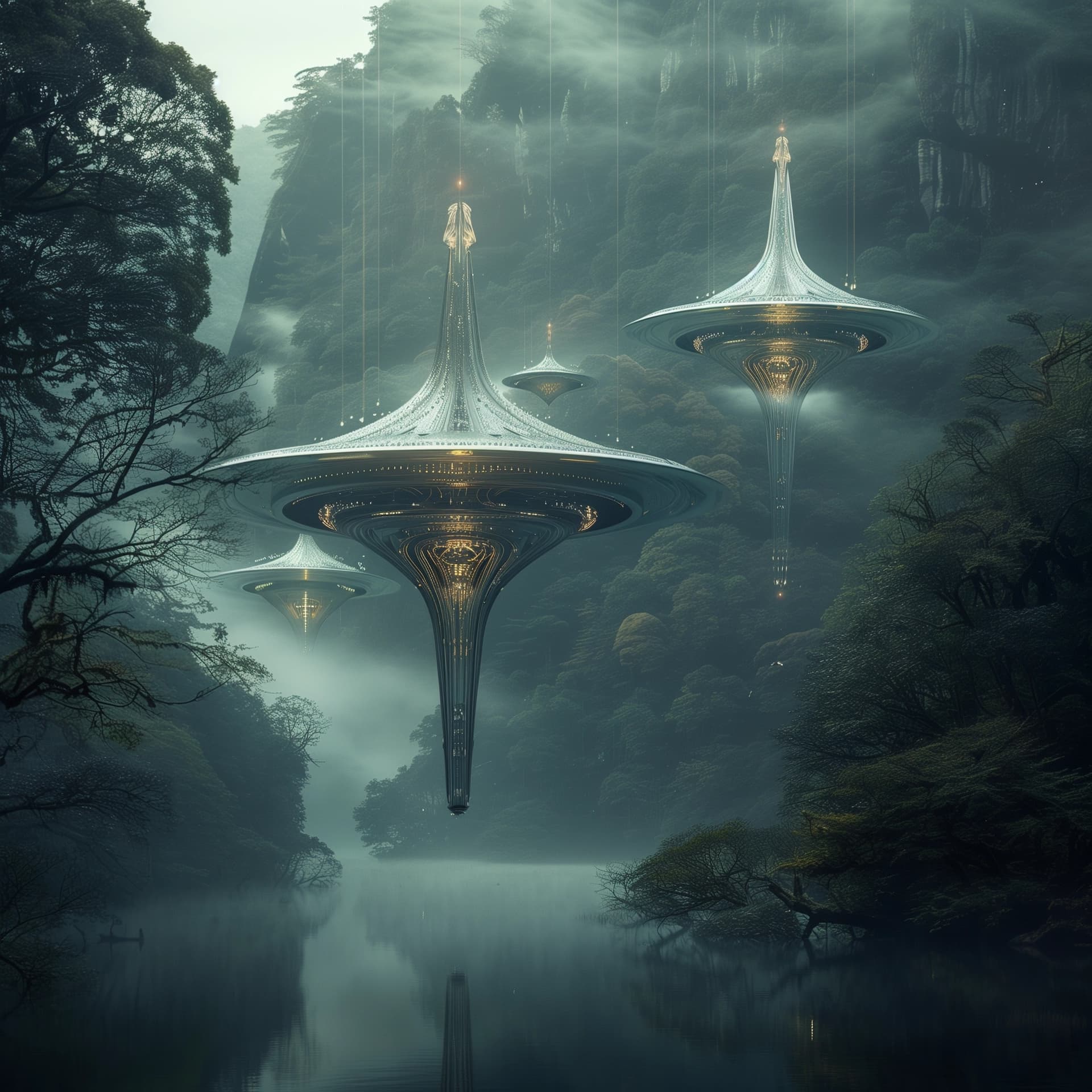 AI generated: Cosmic ships above a tranquil lake surrounded by forest, mist, fog and reflected lights, early morni...