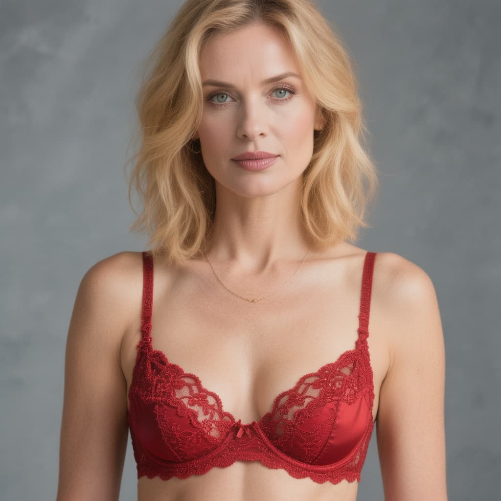 AI generated: Women blonde hair in 40 years old in red lingeria 