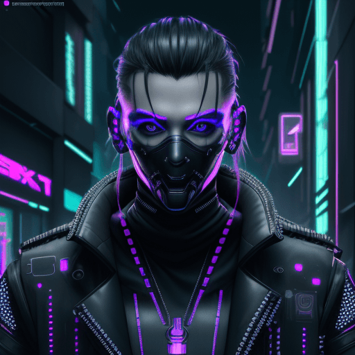 AI generated: Hyperrealistic full-length portrait of a male futuristic cyberpunk hacker | chainmail mask | in a ne...