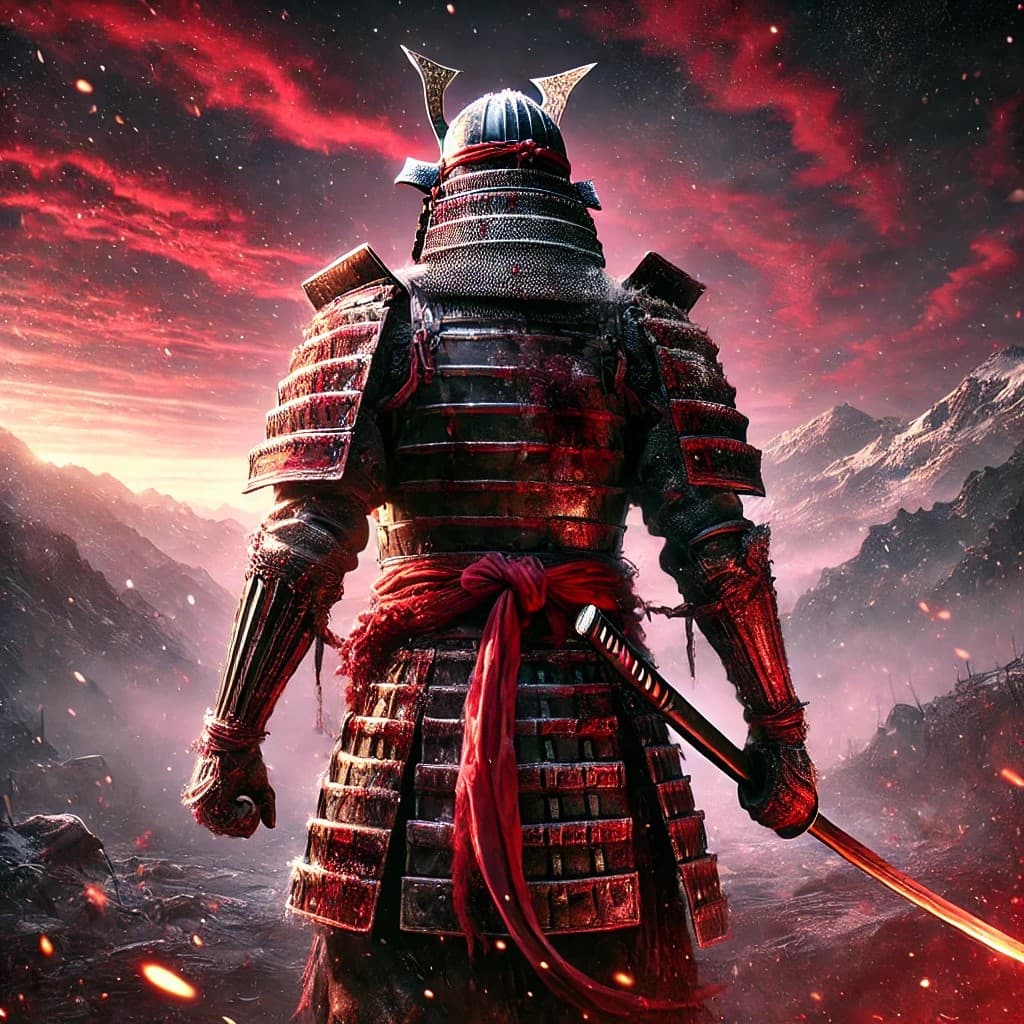 AI generated: A hyper-realistic image in which, amidst a sea of crimson skies and snow-capped mountains, a lone sa...