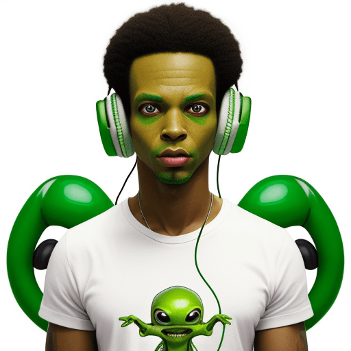 AI generated: realistic image of a green alien wearing a white t-shirt with the word soca on it, the alien has hea...