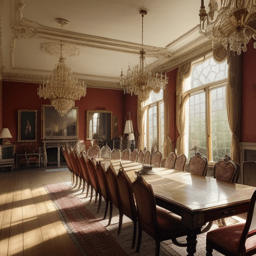 AI generated: a realistic wide shot photo of the interior of a victorian mansion, showing a hall with a long table...