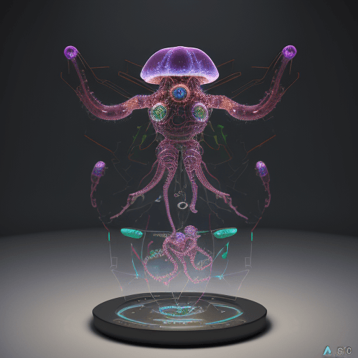 AI generated: Holographic, 3D render of a iron man steampunk jelly fish, no watermark,chromatic color palette, cir...