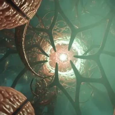 AI generated video: A dynamic, fast-paced pan through a Neural Hive. The camera rushes past ribbed spine columns and ali...