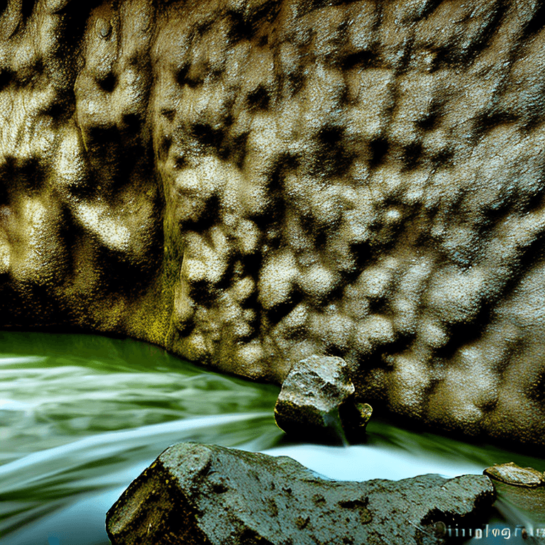 AI generated: High resolution photography Primer plano: Una roca erosionada por el agua del río, con detalles como...