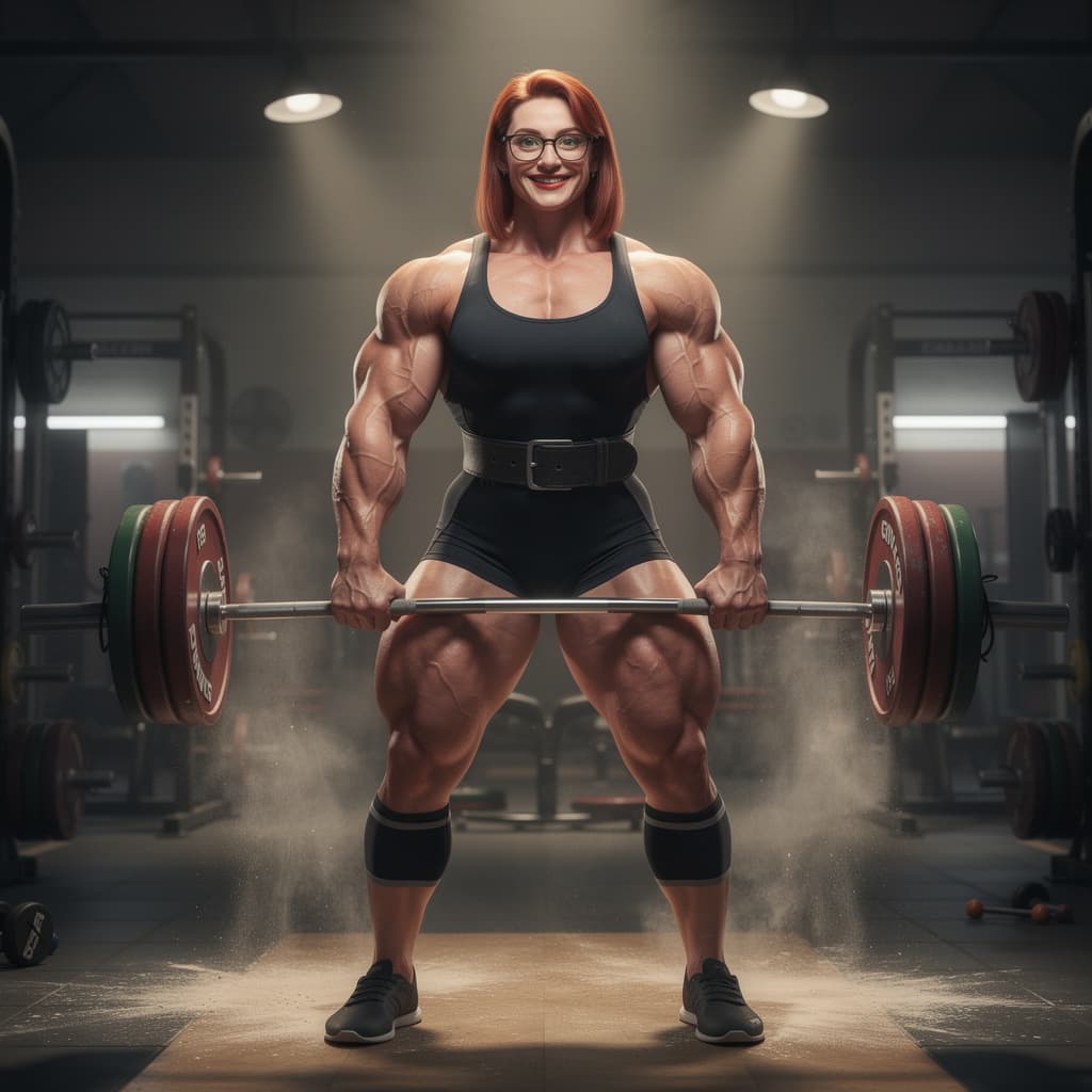 AI generated: a beautiful mega muscular 30 year old giant woman, beautiful long red hair, pure delicate female ski...