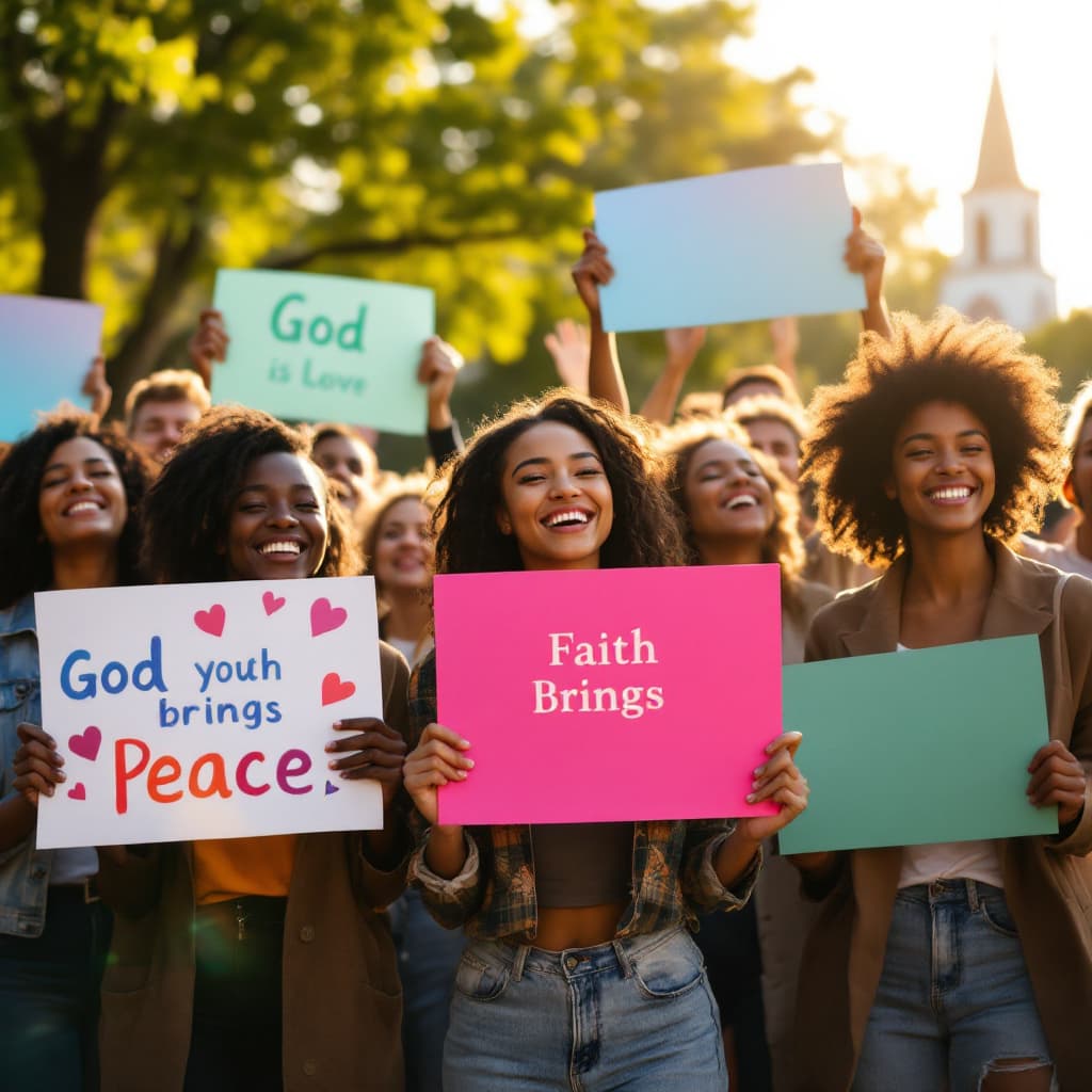 AI generated: A diverse group of joyful people holding colorful signs with uplifting messages about God (e.g., "Go...