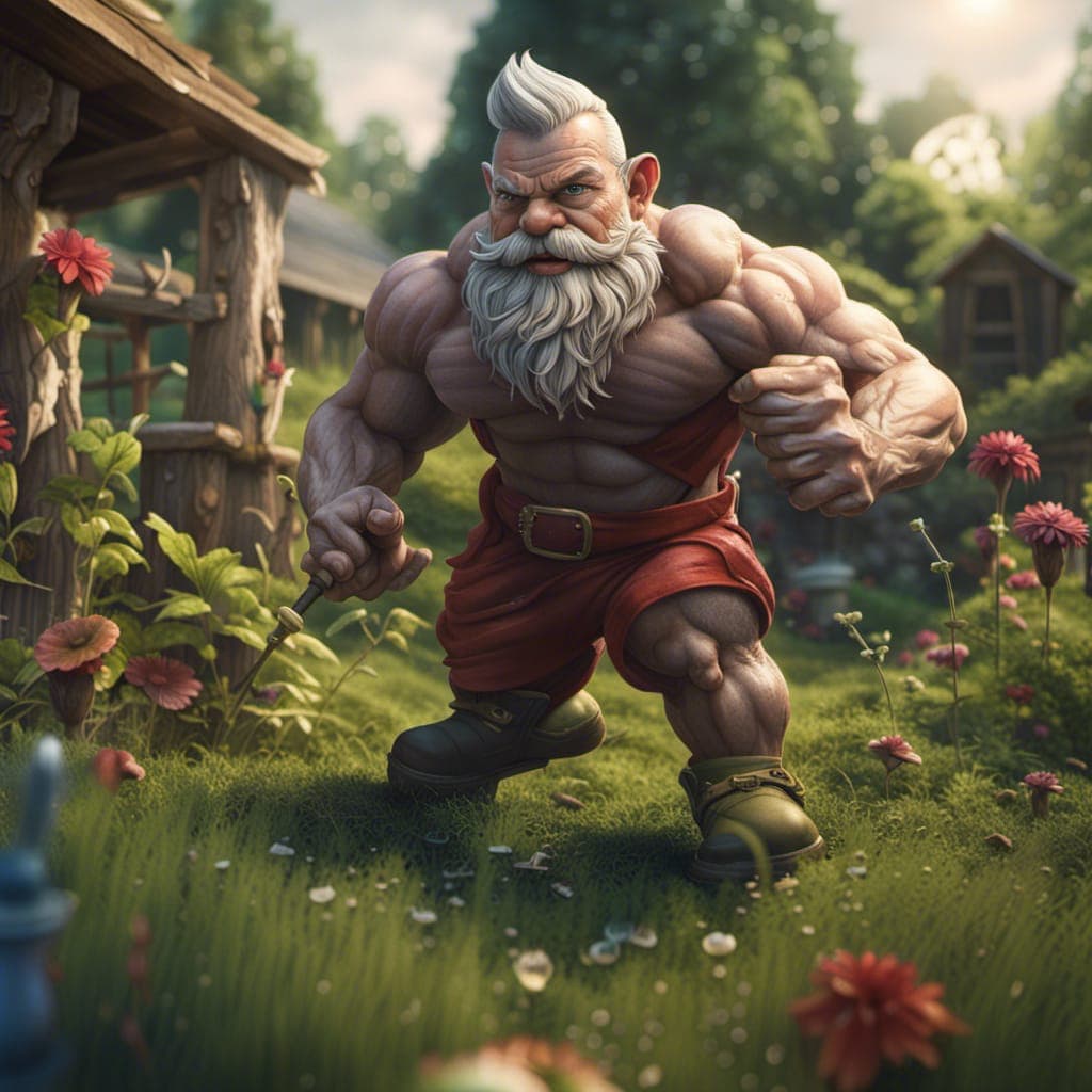 AI generated: a muscle-bound lawn gnome, working out, in the garden. detailed matte painting, deep color, fantasti...