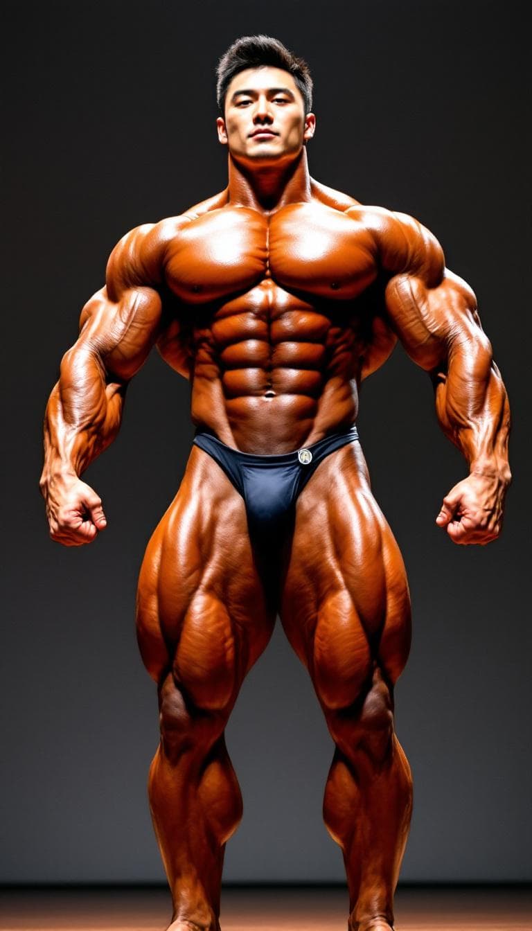 AI generated: A massive, ultra-muscular, handsome Korean IFBB pro bodybuilder in the heavyweight Classic Bodybuild...