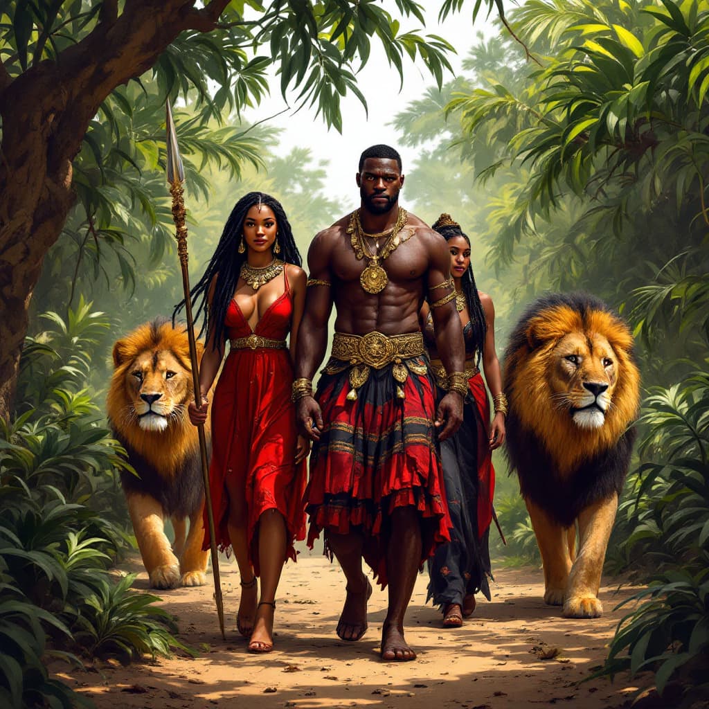 AI generated: 
a black man in a red and black skirt and gold belt holding a spear standing in the middle, a black ...