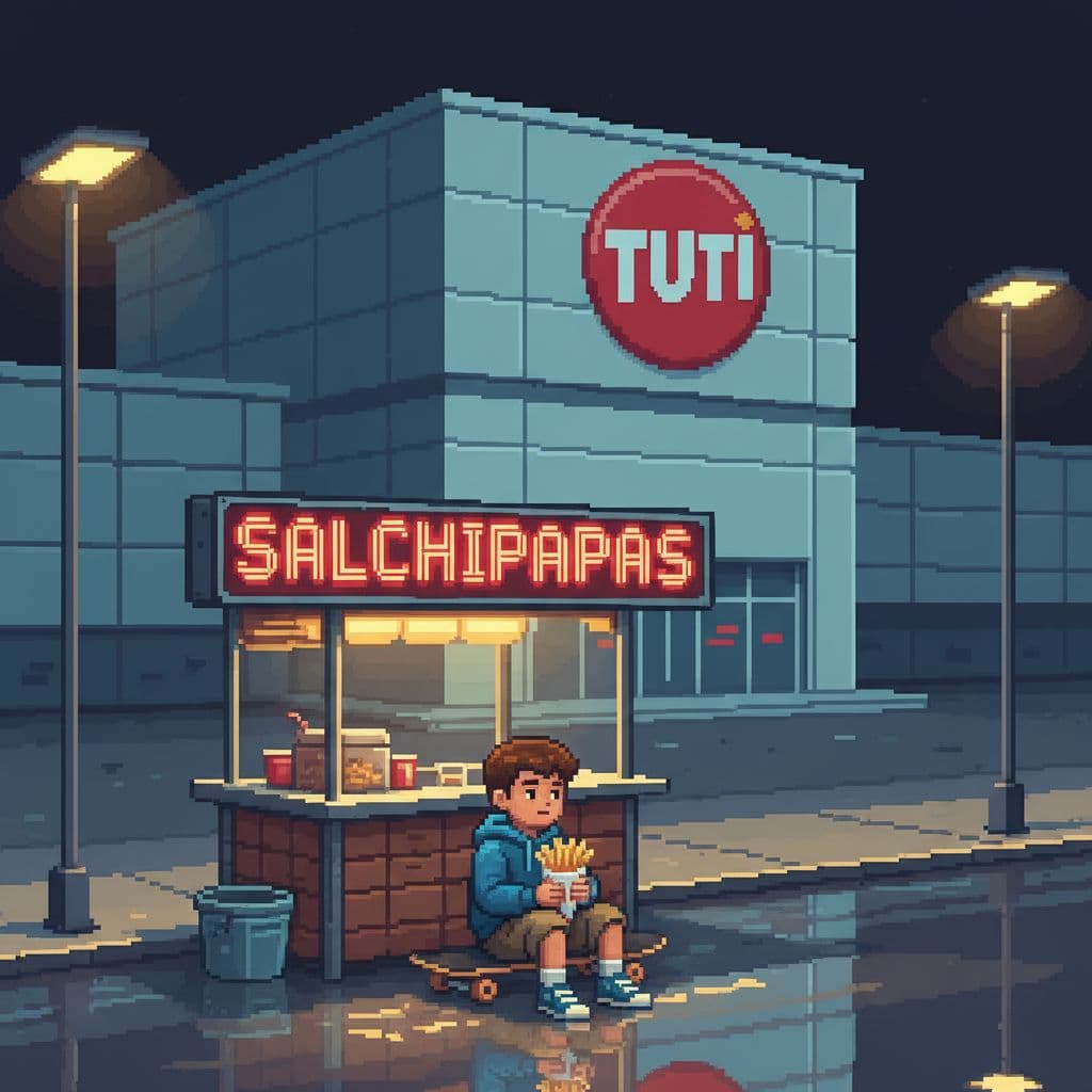 AI generated: image in 8-bit retro style where you can see a street fast food stand with a sign that says salchipa...