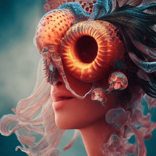 AI generated: Goddess close-up portrait ribcagel. jellyfish phoenix head, nautilus, orchid, skull, betta fish, bio...
