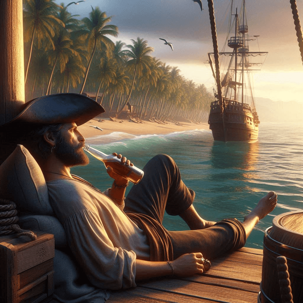AI generated: Close-up cinematic professional 3D animation of a relaxed, drunken pirate lounging on the deck of an...