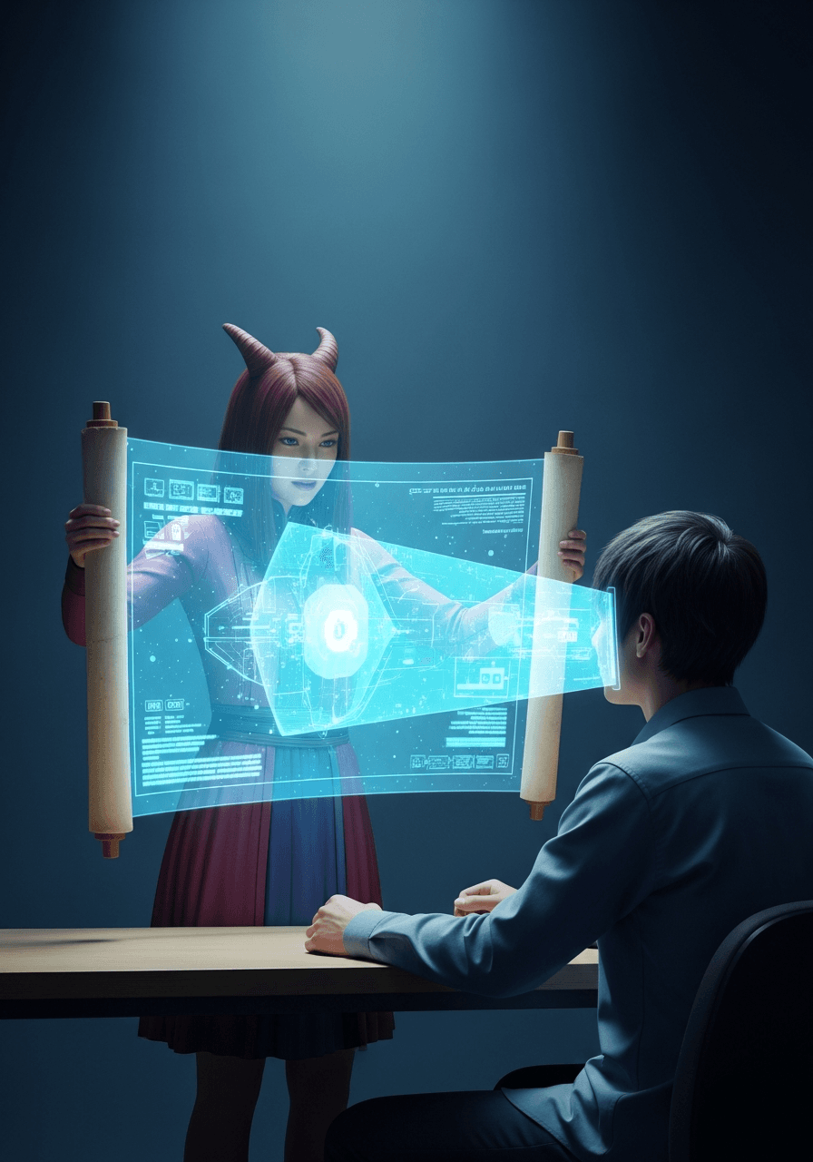 AI generated: An avatar materialises on the table in front of Da5id, starting out ghostly and transparent, gradual...