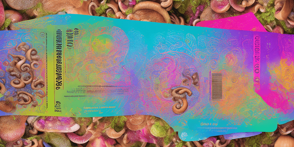 AI generated:  Hyper realistic printed ticket pdf, with name Miguel, with mushrooms, happiness, colorful; 8k, intr...