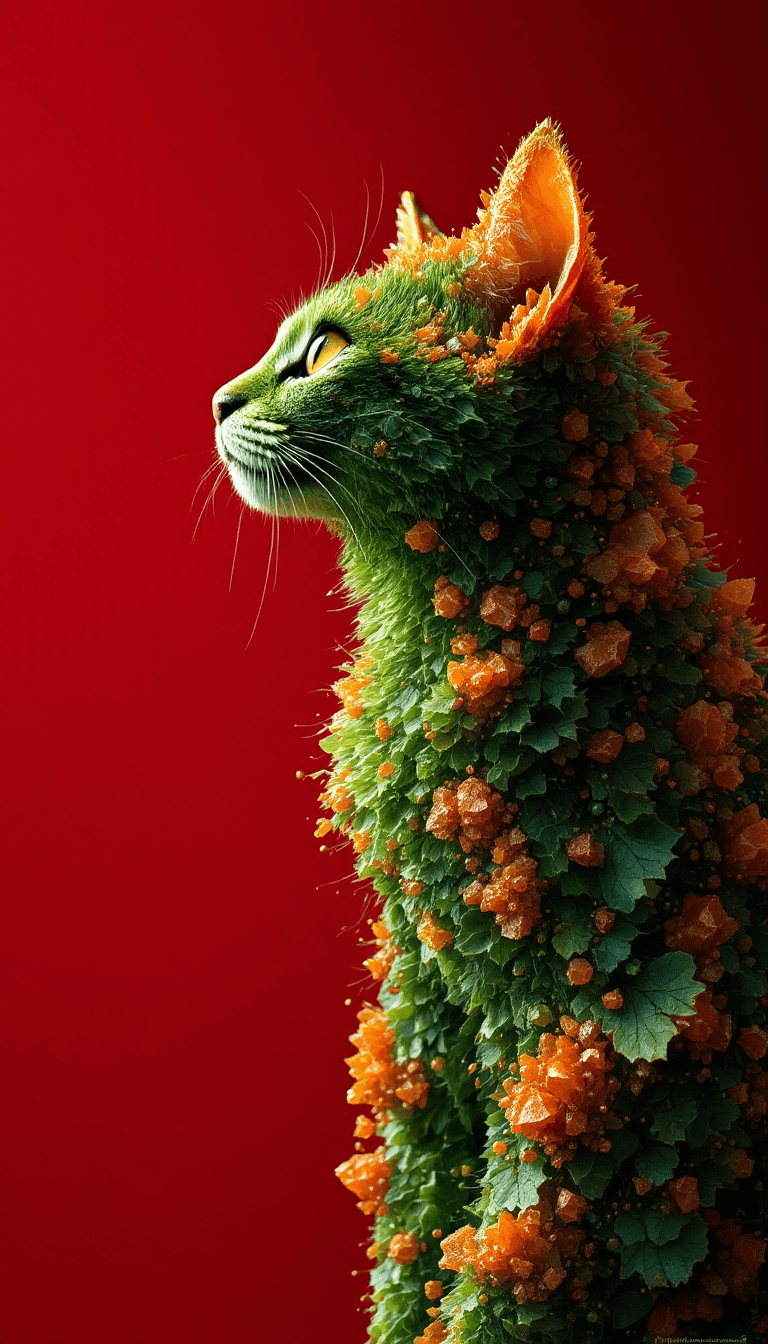 AI generated: A green tabby made from rough orange crystals, in profile, side view, surrealism, pencils, fashion i...