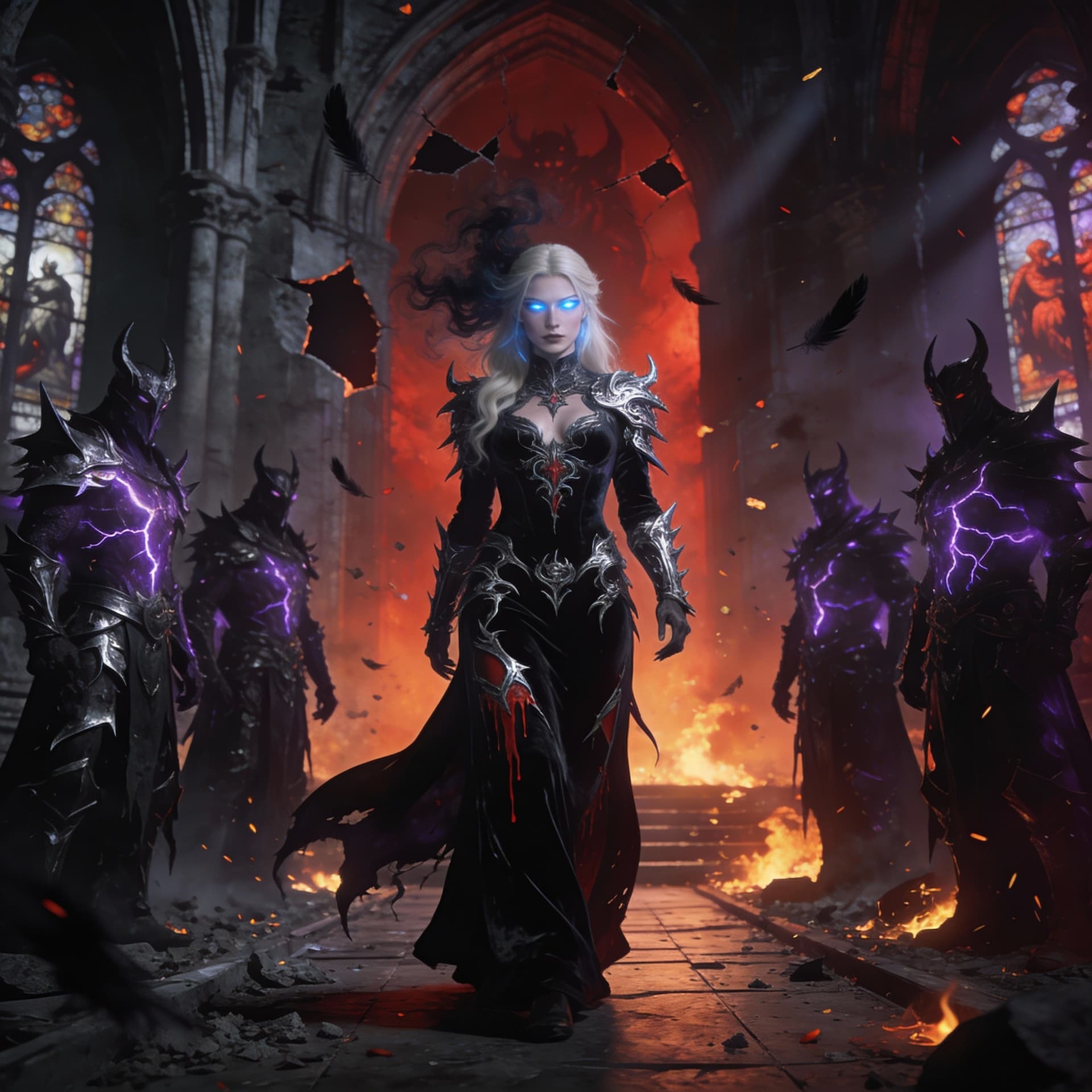 AI generated: cinematic Diablo IV trailer style, terrifyingly beautiful elven sorceress walking confidently down t...
