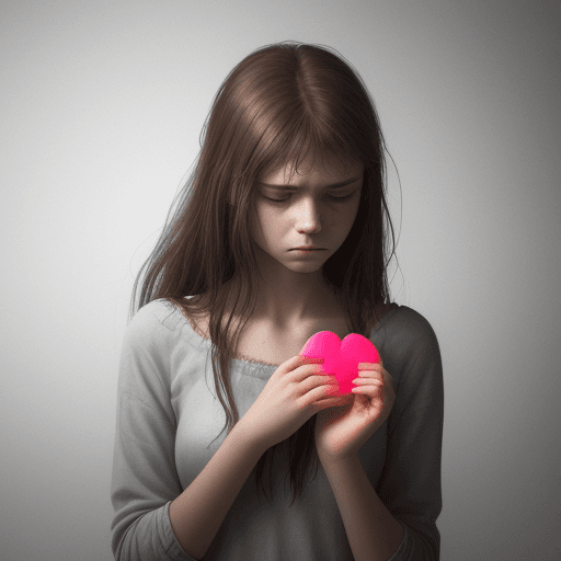 AI generated: Generate a focused image of a sad young woman holding a broken heart in her hand. Be sure to leave a...