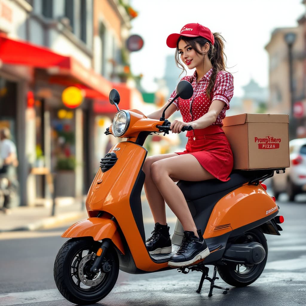 AI generated: a pertty female, pizza shop uniform,mini skirt,E-Scooter, deliver pizza,the pizza box logo"PromptHer...