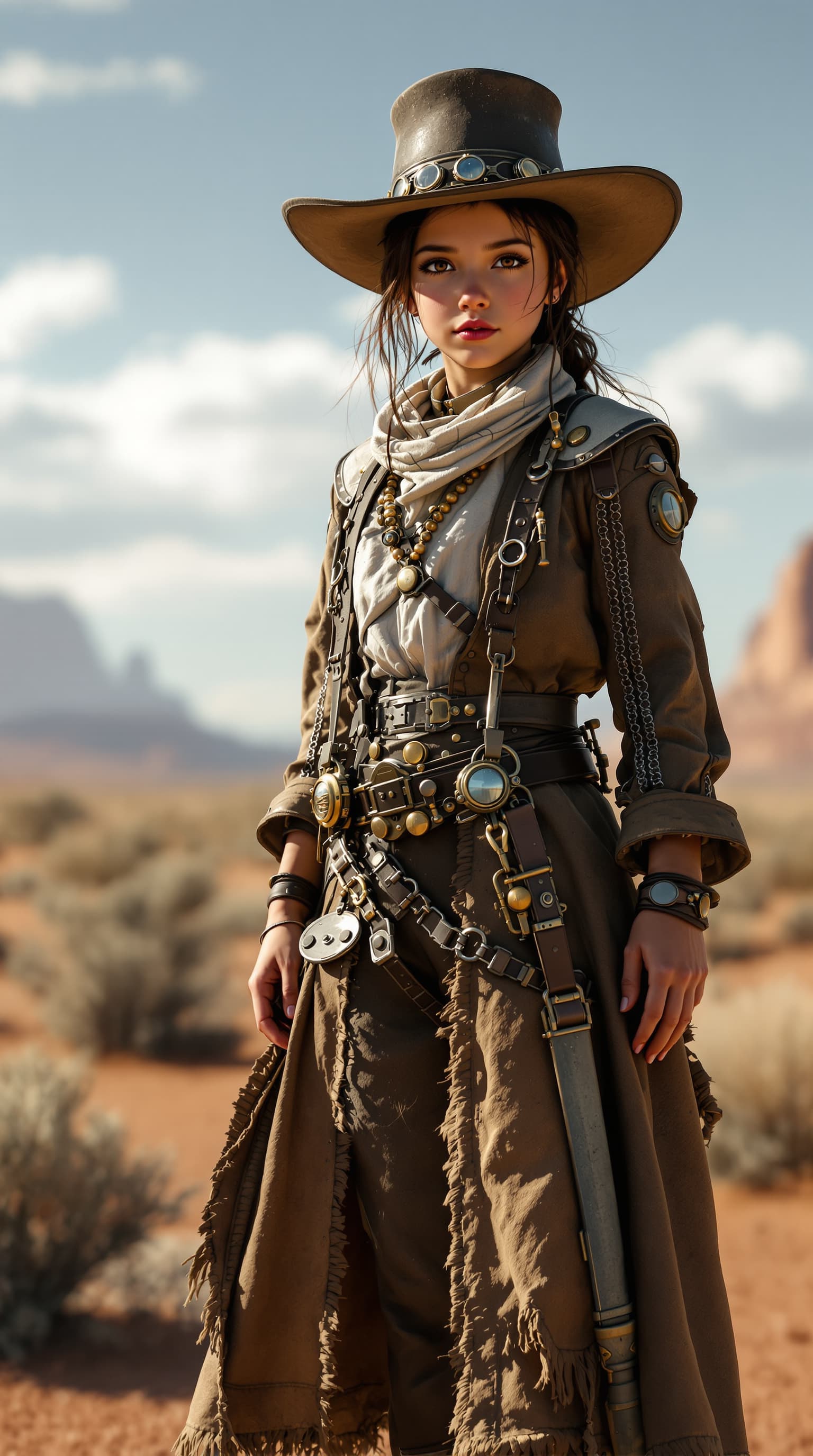 AI generated: A hyper-realistic depiction of a twelve year old Jenna Ortega playing the role of a steampunk high p...