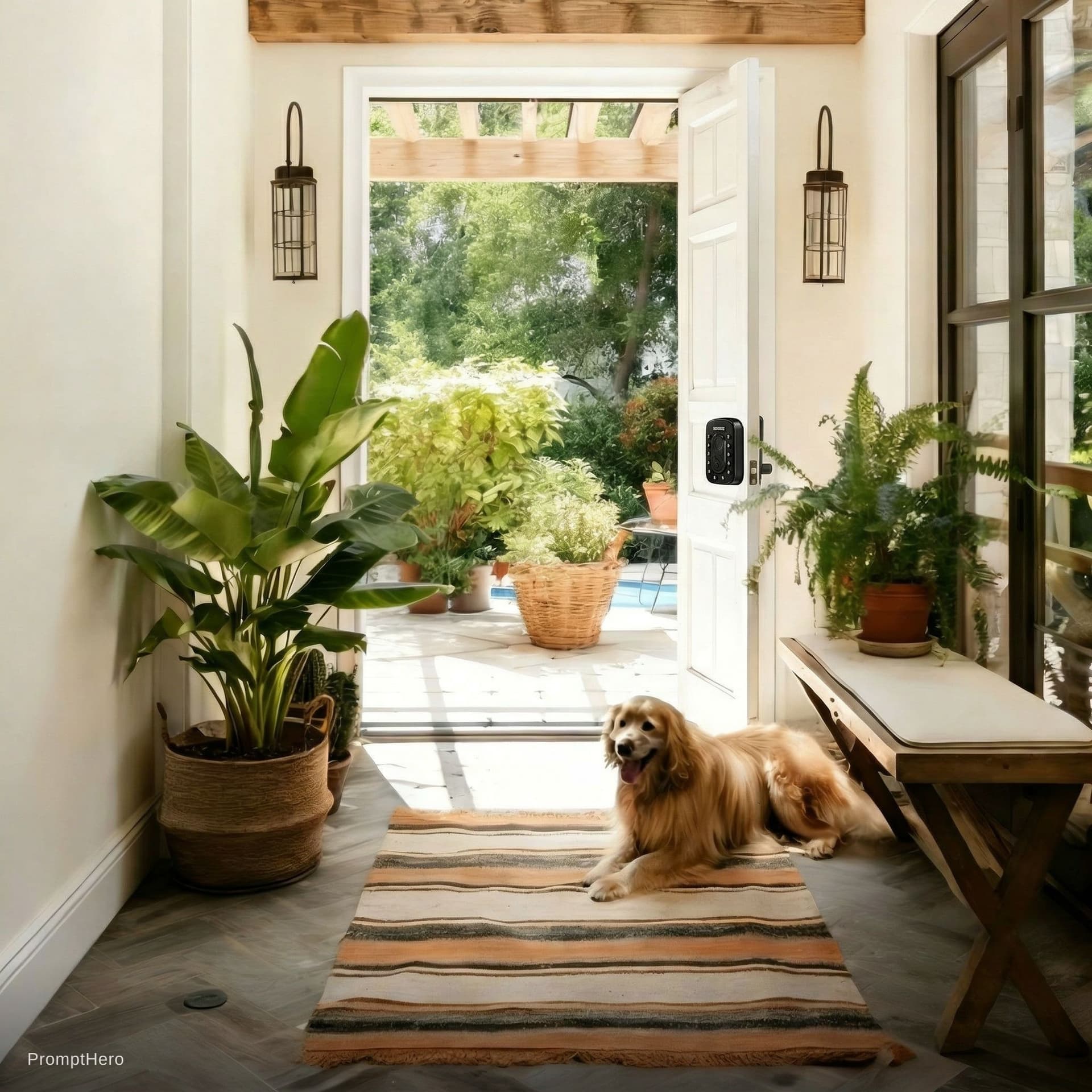 AI generated: Realistic home entrance scene photography, mid-shot composition. The main subject is a light golden ...