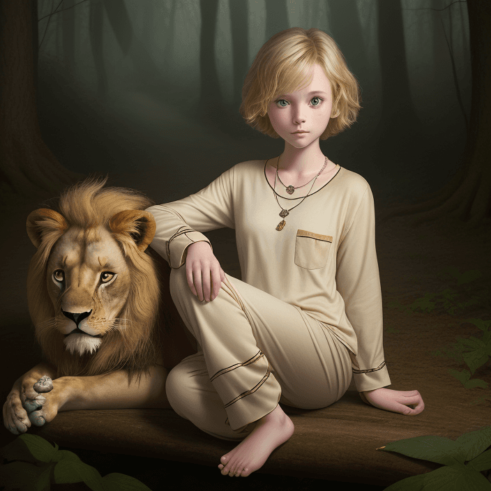 AI generated: Sarah Miller, super cute 12 years old girl, short hairs, blonde hairs, necklace, wearing pajamas, lo...