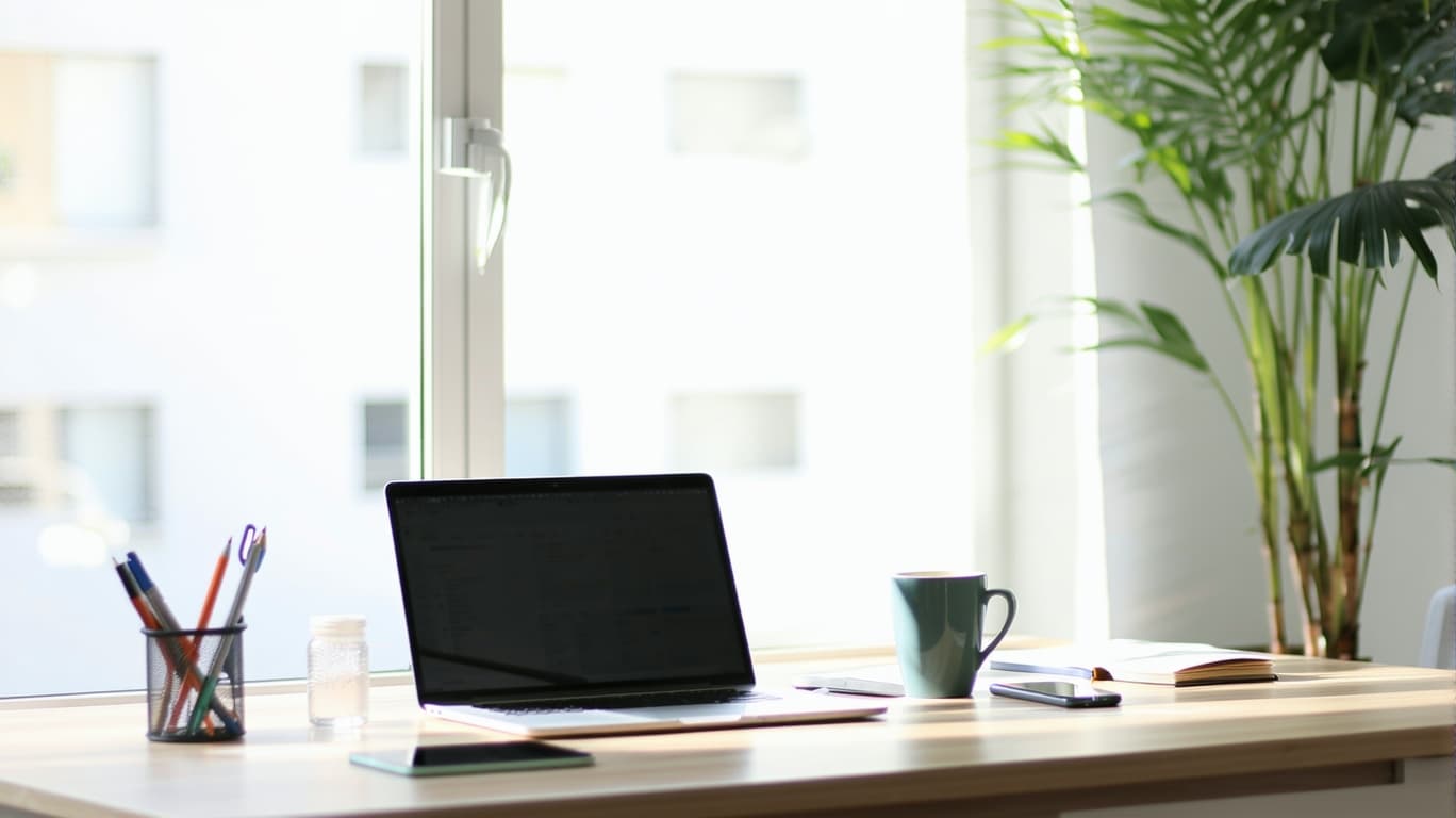 AI generated: A sleek, minimalist office workspace bathed in natural sunlight, featuring a modern desk setup with ...
