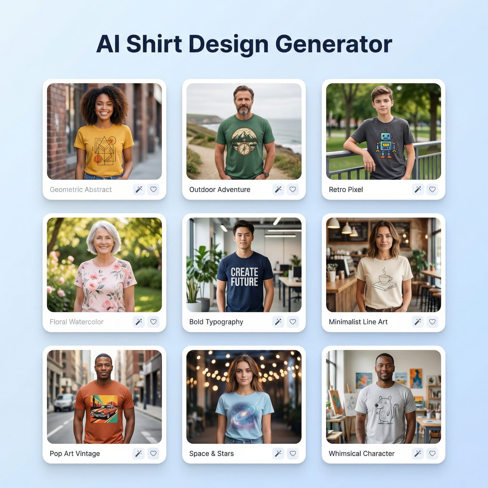 AI generated: Clean SaaS-style thumbnail for an AI Shirt Design Generator tool.
Layout: a neat 3x3 grid of rounded...