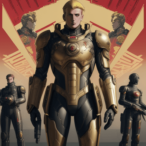 AI generated: young men in a damaged futuristic suit (cyberpunk golden armor), style Soviet poster, USSR poster, g...