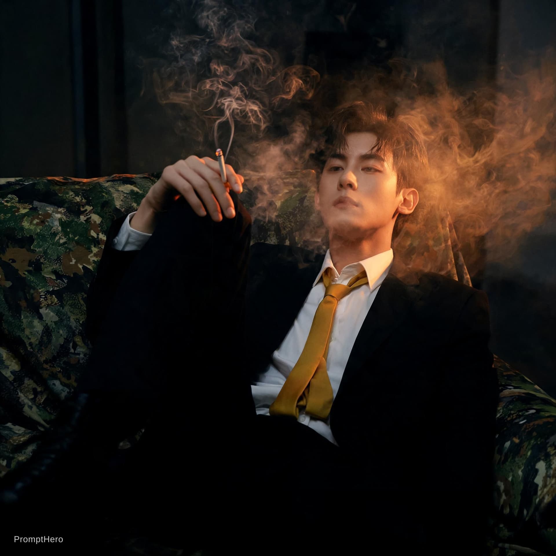 AI generated: photography, cover shoot, dimly lit room with a hazy atmosphere, capturing a professional male model...